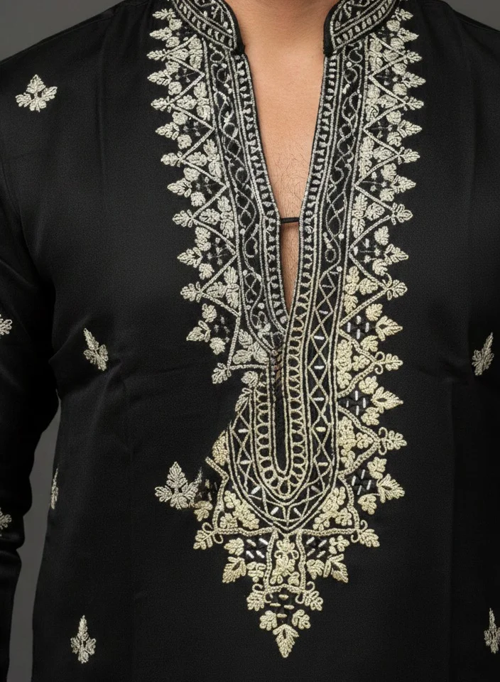 Lehar Men’s Black Hand-Embroidered Kurta Set with Intricate Thread Work Detailing